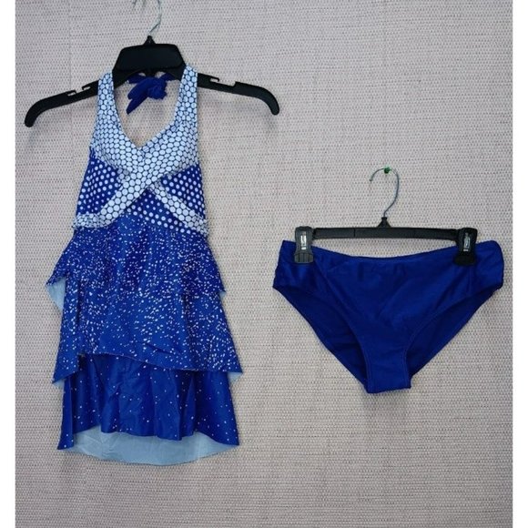 2pc Halter top blue bathing suit with underwear bottom. Spotted pattern - Picture 1 of 4